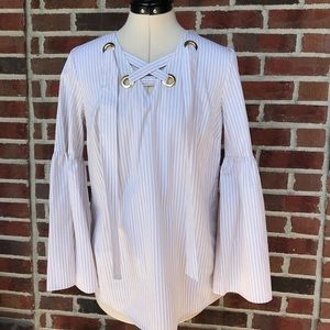 MICHAEL KORS Long Sleeved Sand Striped Blouse NWT